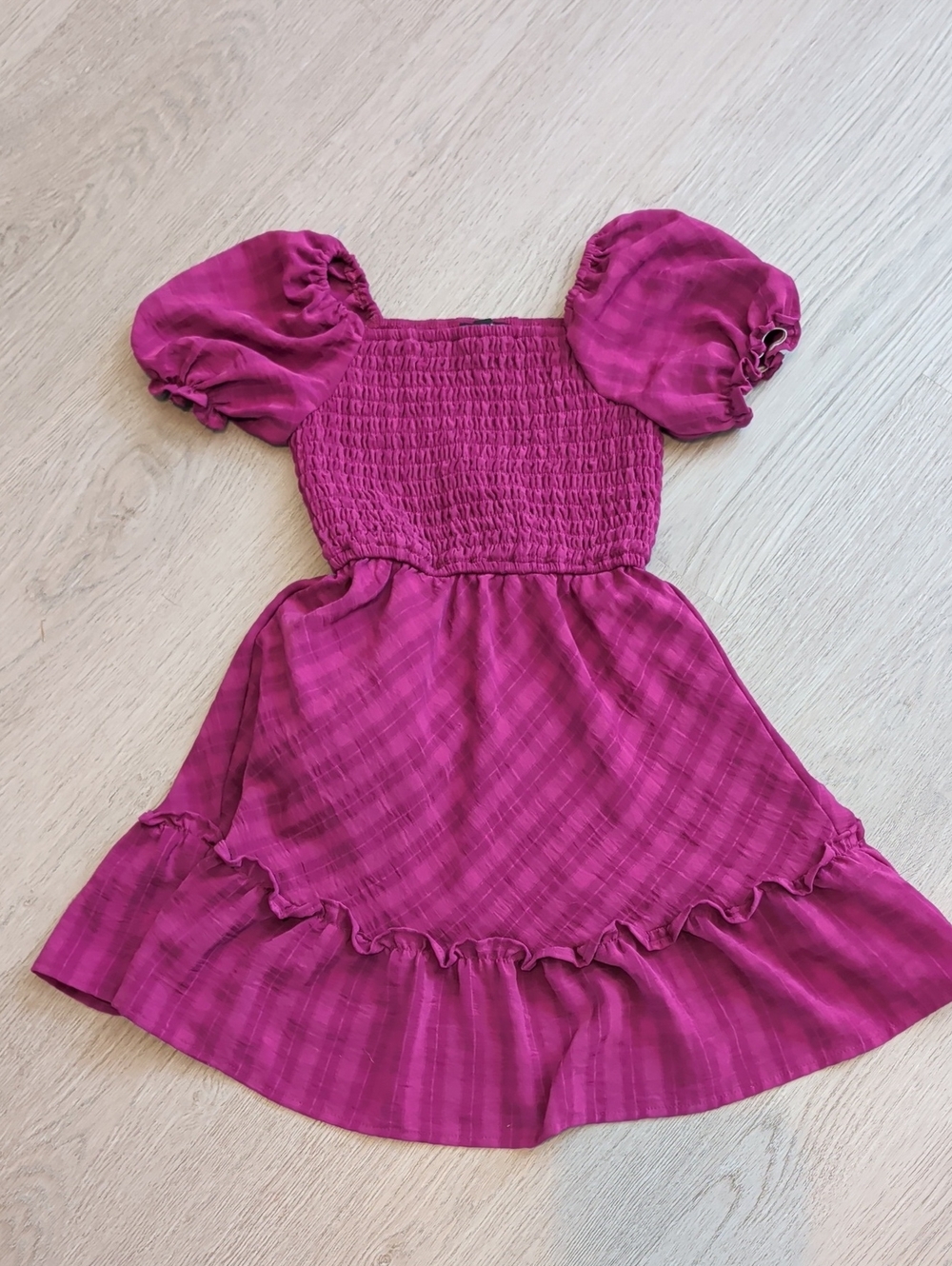 Girls' Puff-Sleeve Smocked Dress in Fuchsia